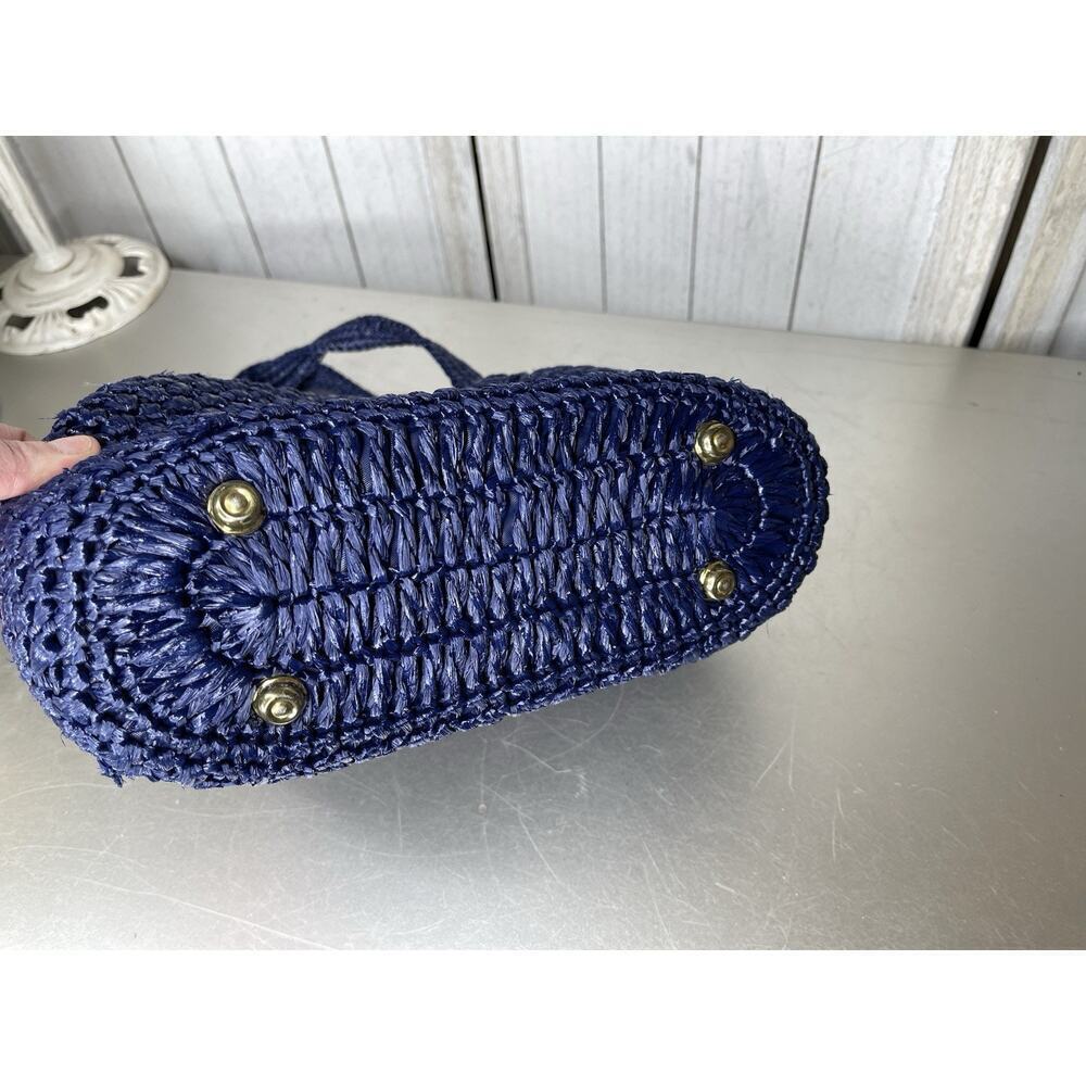 Vintage 70’s Shoulder Bag Navy Straw Top Handle Handbag Kisslock Interior - Picture 5 of 7